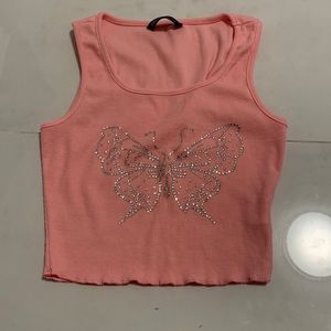 Pink Tank Top Butterfly Rhinestone